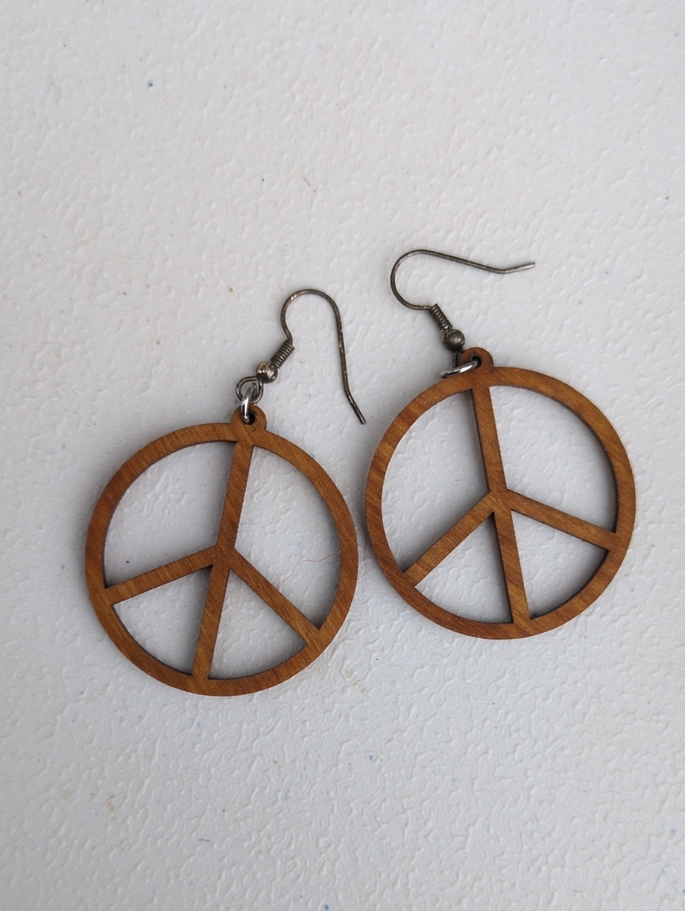 Wooden Peace Sign Drop Earrings - Brown